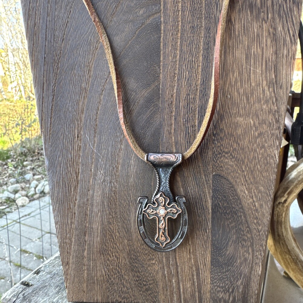 Trigg Leather HorseshoePendant Concho Necklace Embossed Cross Scroll Western